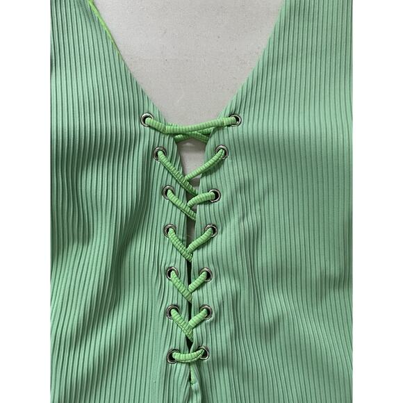 Coastal Waves Swim One Piece Swimsuit Ribbed Lace Up Swimwear - Picture 3 of 12